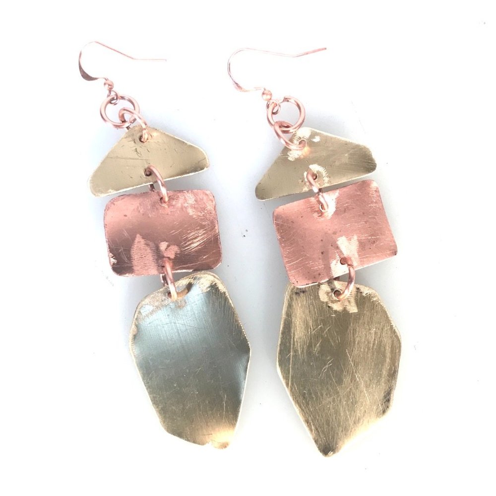 Brass Copper Long Brutalist Statement Earrings - Picture 12 of 13